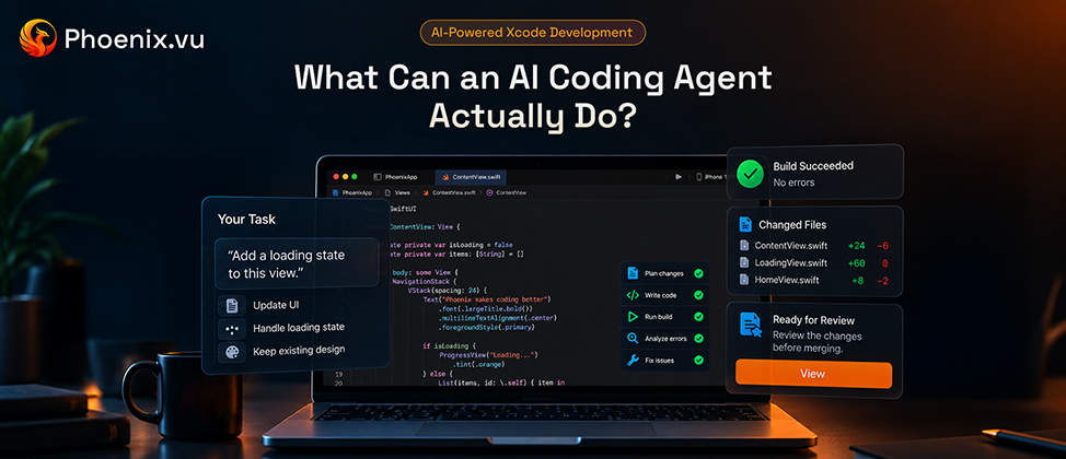 What can an AI coding agent actually do — a task description turning into planned changes, a passing Xcode build, changed files and a diff ready for review