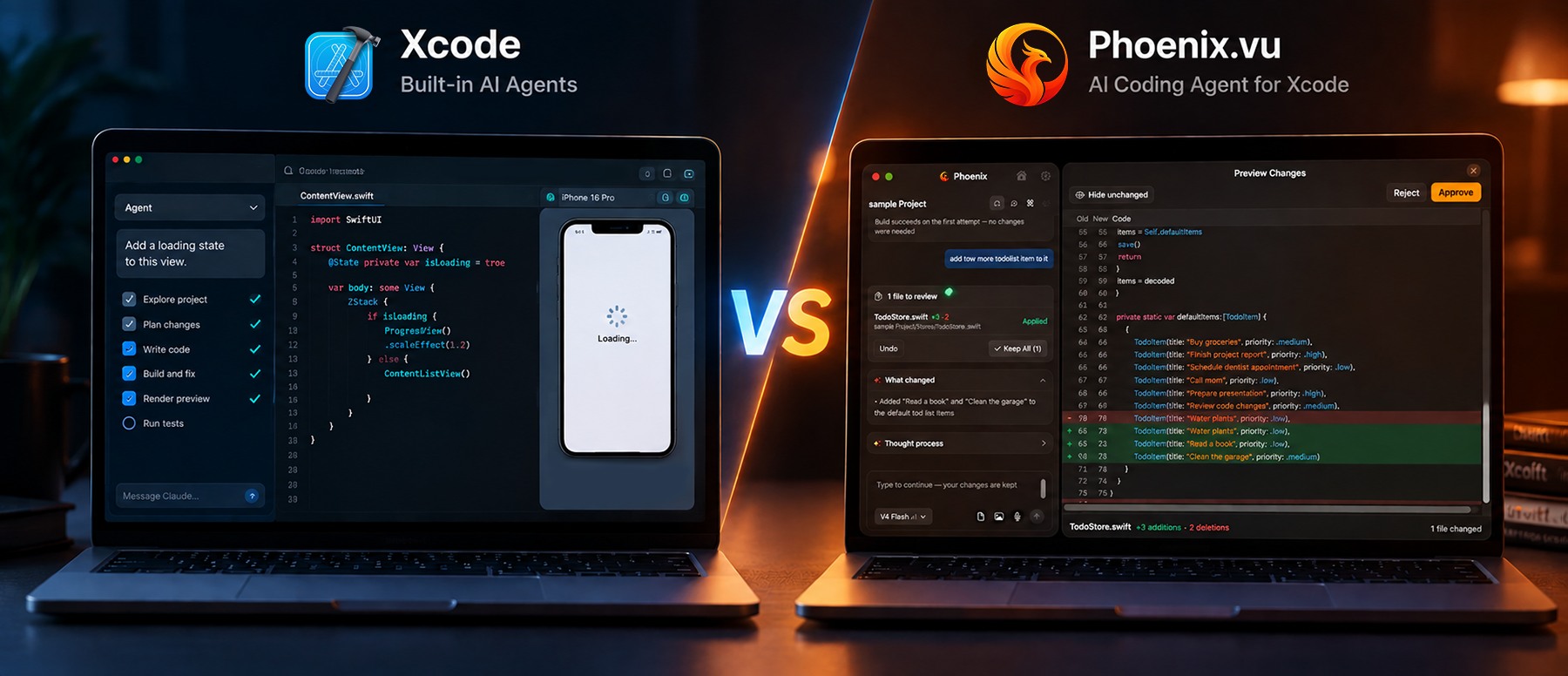 Xcode's built-in AI agents beside Phoenix.vu — an agent task list and SwiftUI preview in Xcode, next to Phoenix.vu's approve-or-reject diff review